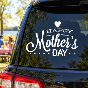 Happy Mother's Day decal with heart above script text, white lettering on glass