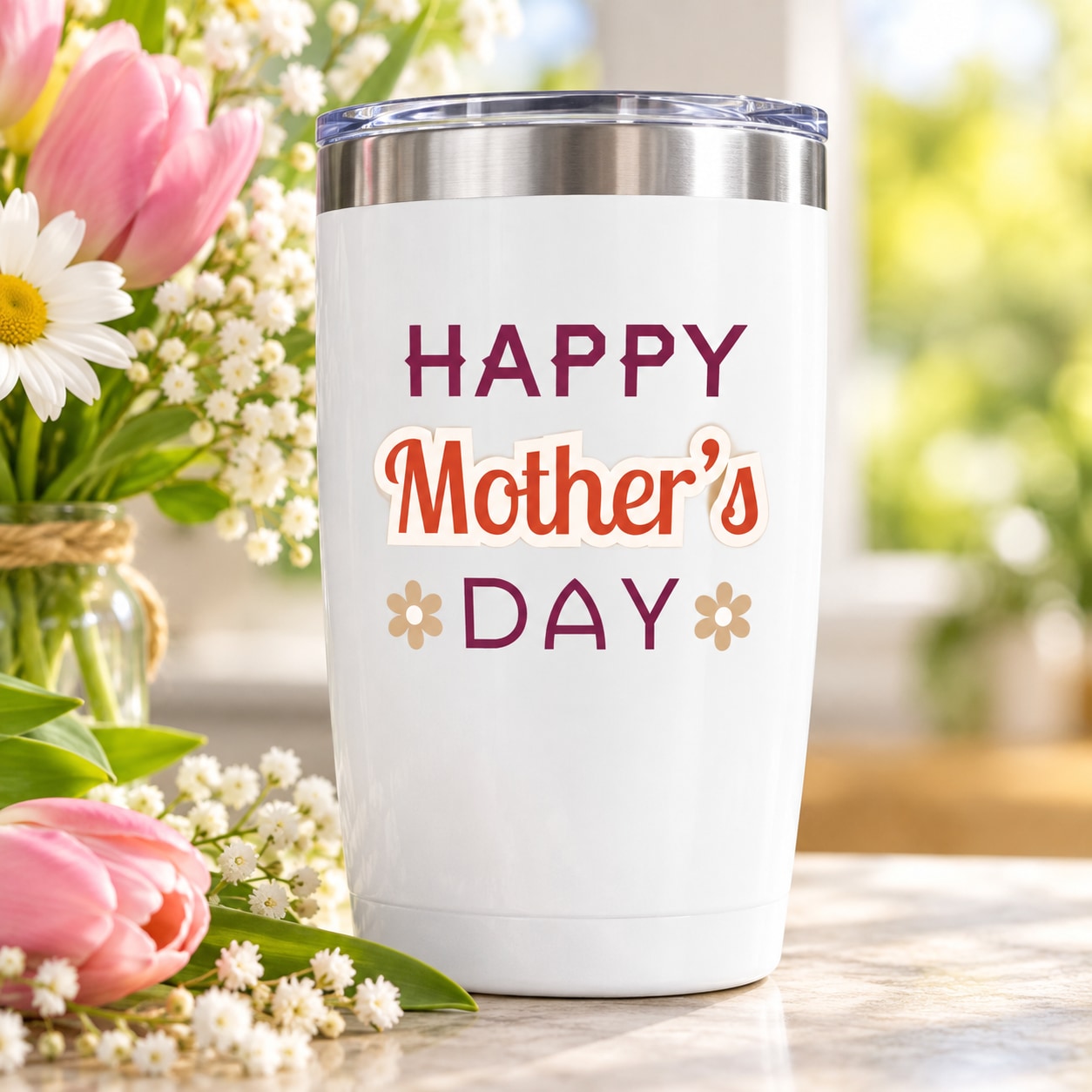 White tumbler with colorful "Happy Mother's Day" decal