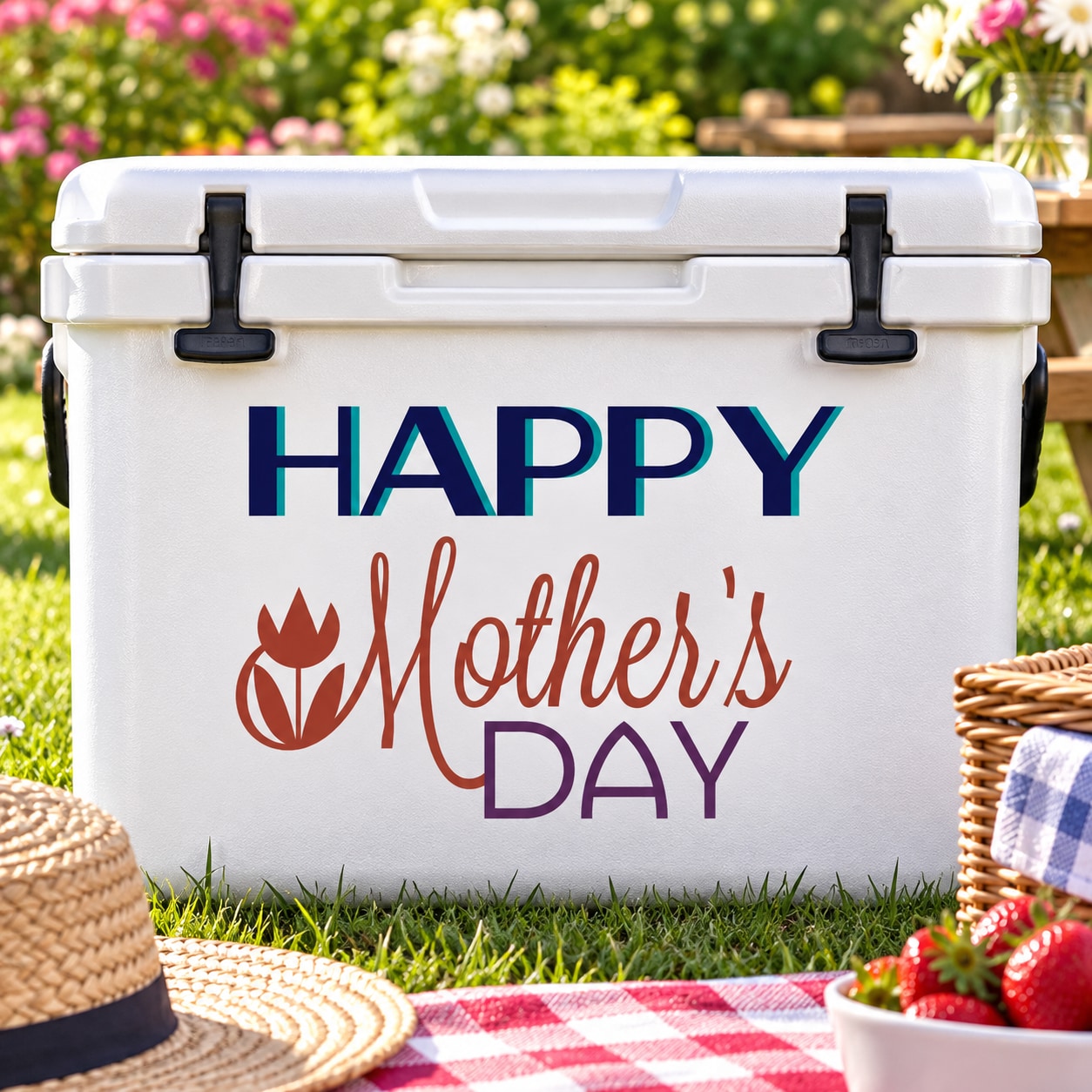 Happy Mother’s Day floral text decal with tulip flower icon, styled in multicolor lettering