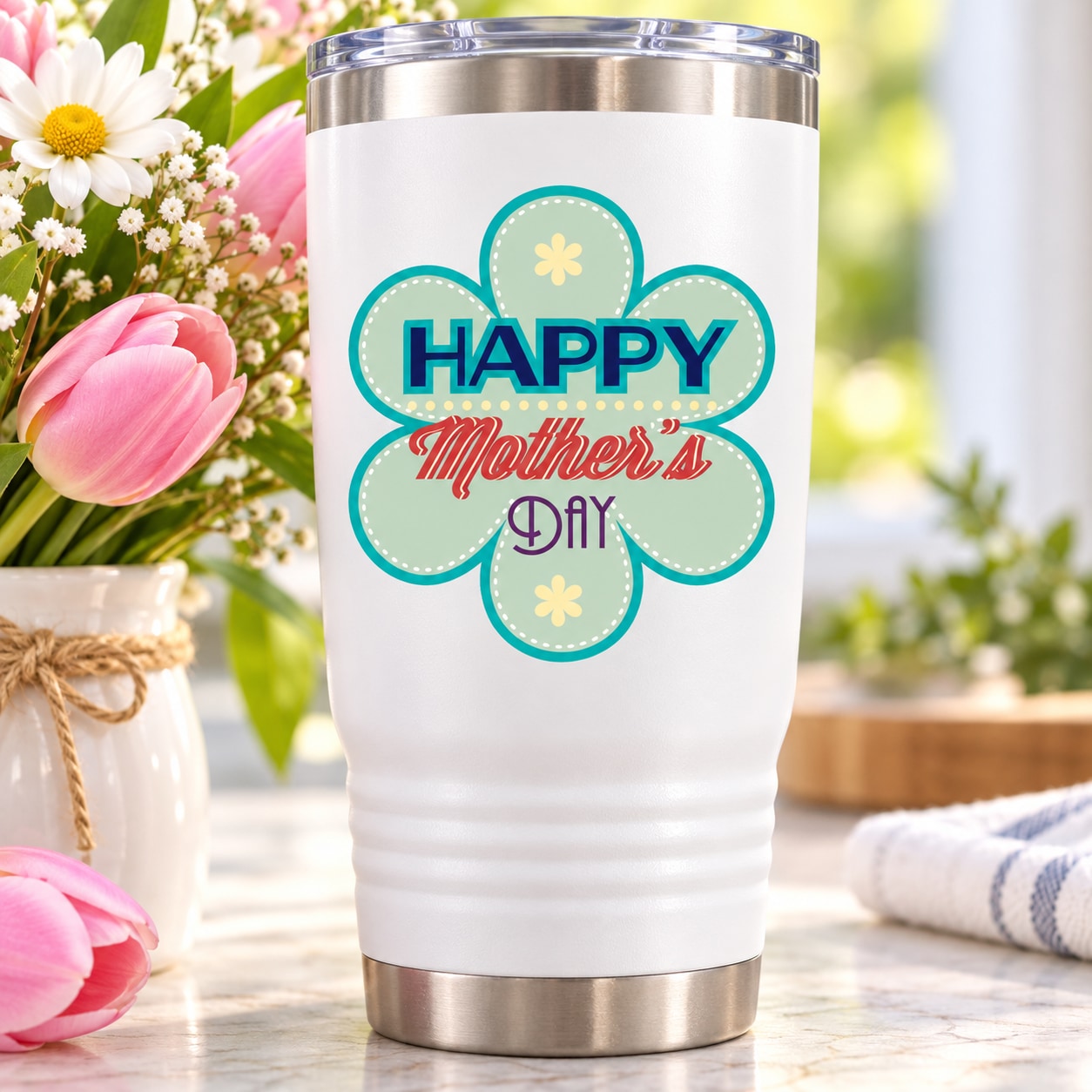 Happy Mother's Day flower sticker on white tumbler with stainless steel lid