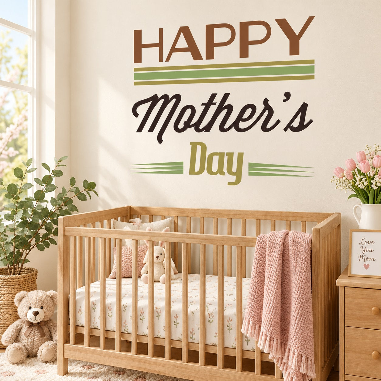 Happy Mother's Day wall decal with brown and green striped lettering