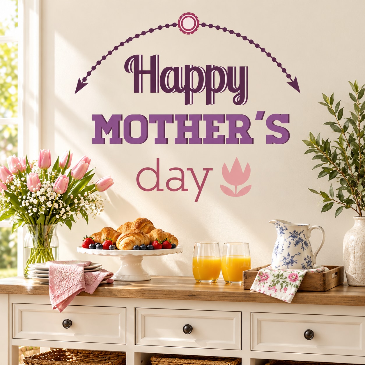 Happy Mother's Day wall decal with purple lettering and tulip graphic