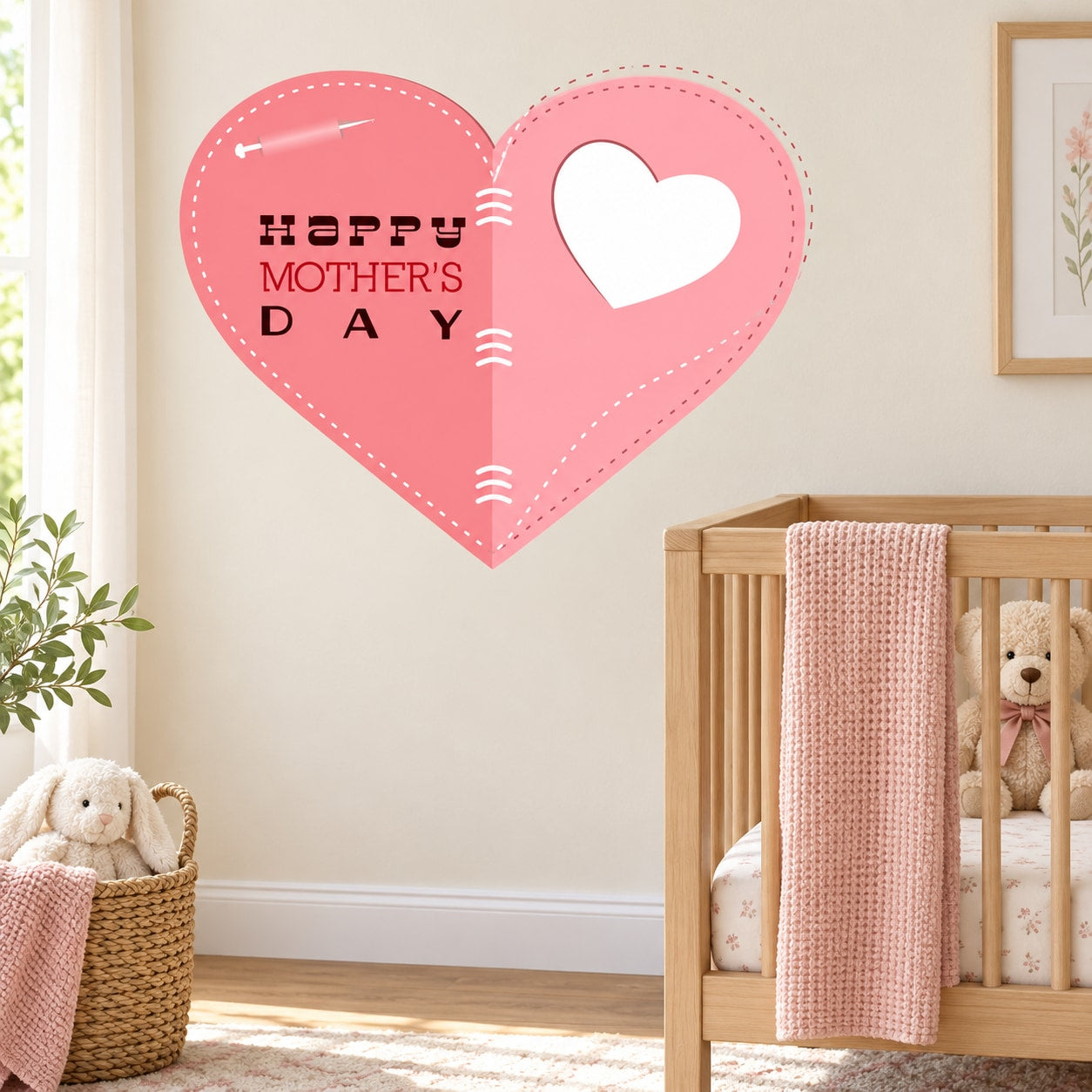 Pink heart stitch-style sticker with "Happy Mother's Day" and white heart