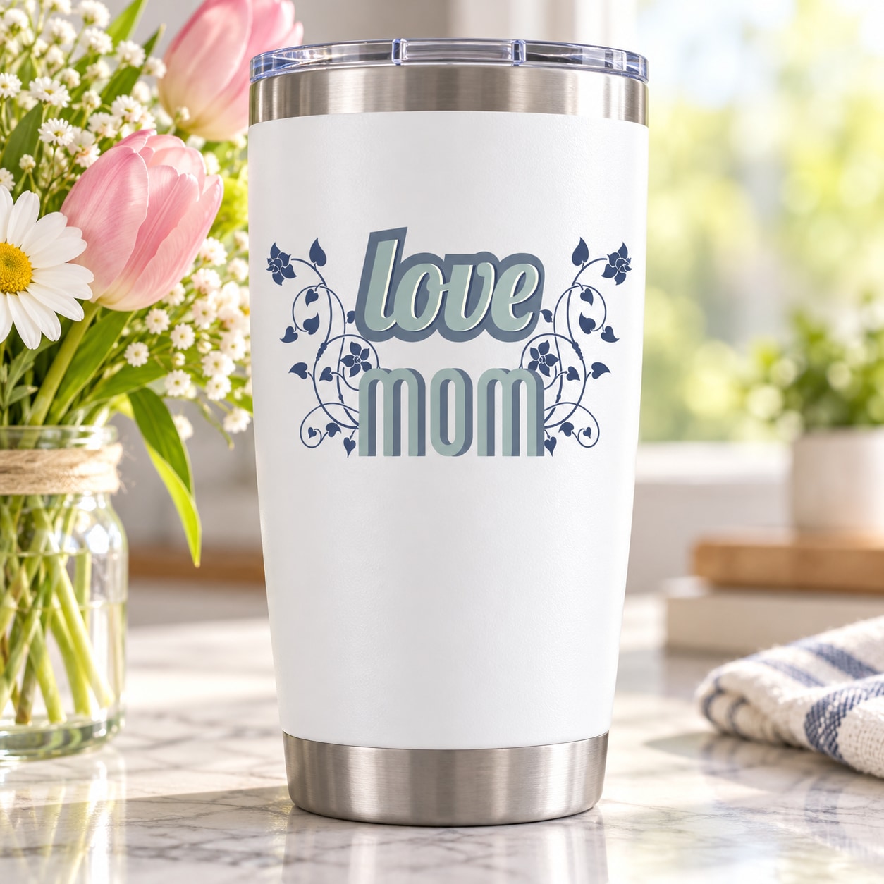 White tumbler with blue floral decal: "Love Mom"