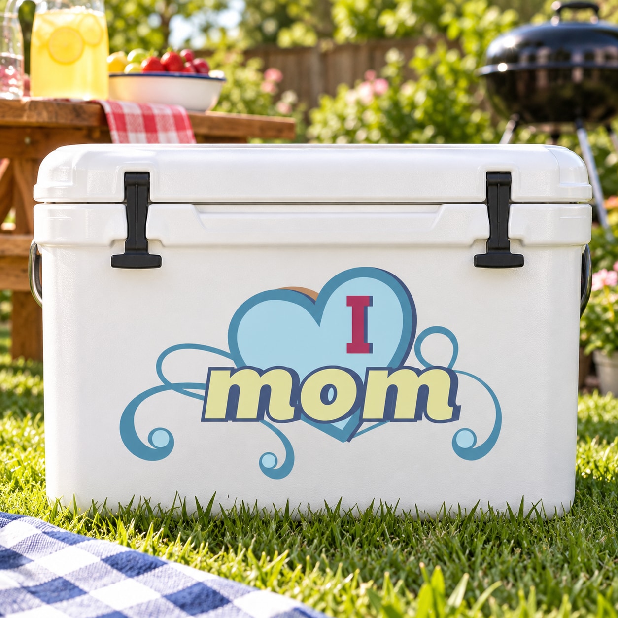 Retro-style mom decal with blue heart and 'I' on a white cooler
