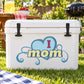 Retro-style mom decal with blue heart and 'I' on a white cooler