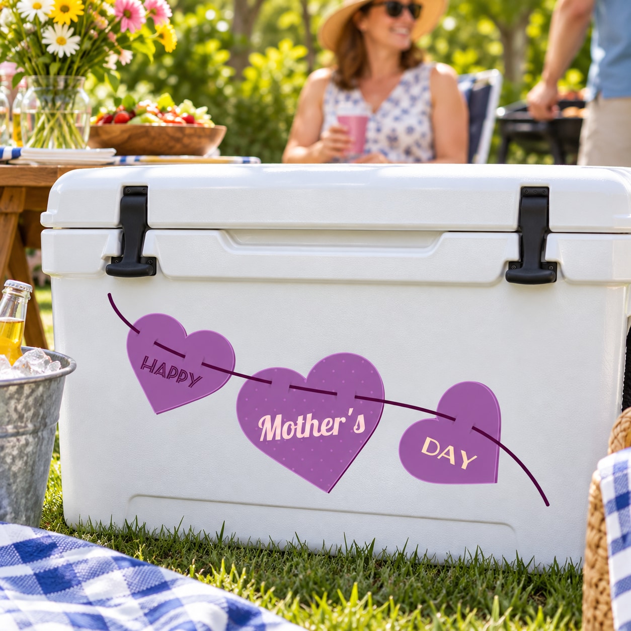 Happy Mother's Day string heart sticker with purple hearts on cooler lid