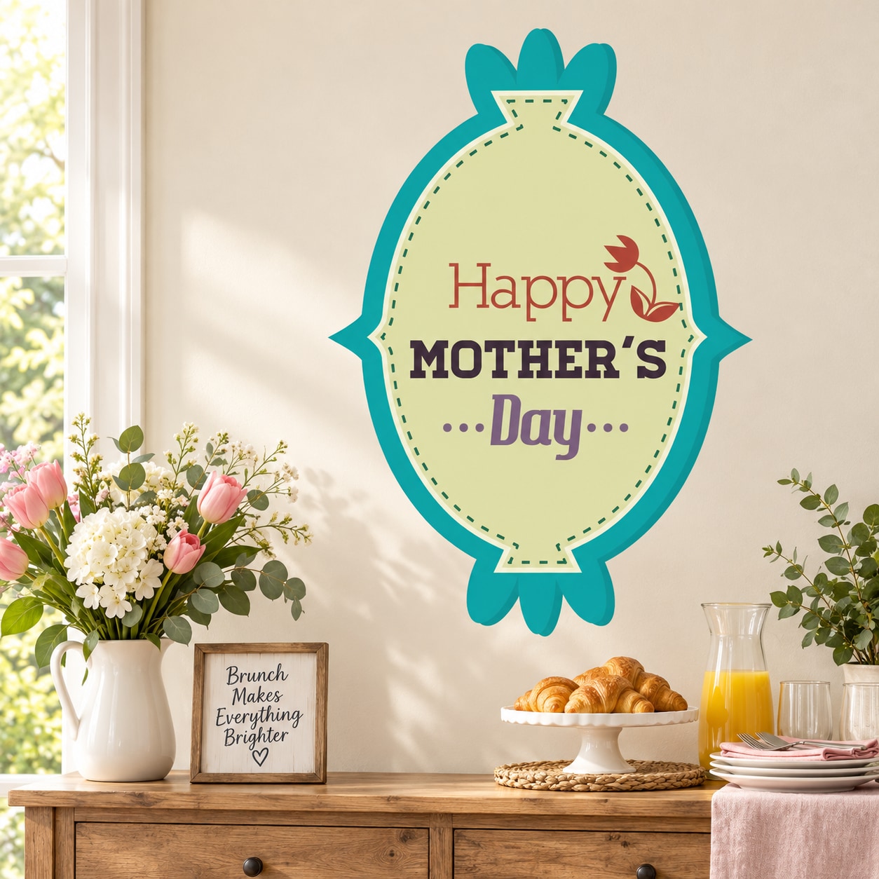 Oval Happy Mother’s Day decal with teal border and ribbon banner