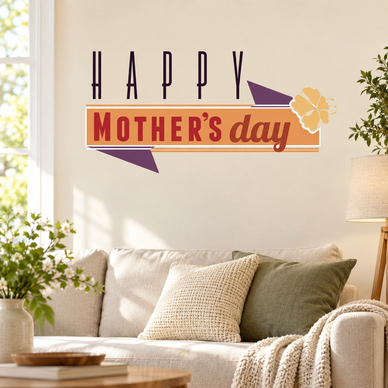 Happy Mother's Day ribbon wall decal with banner text and flower accents