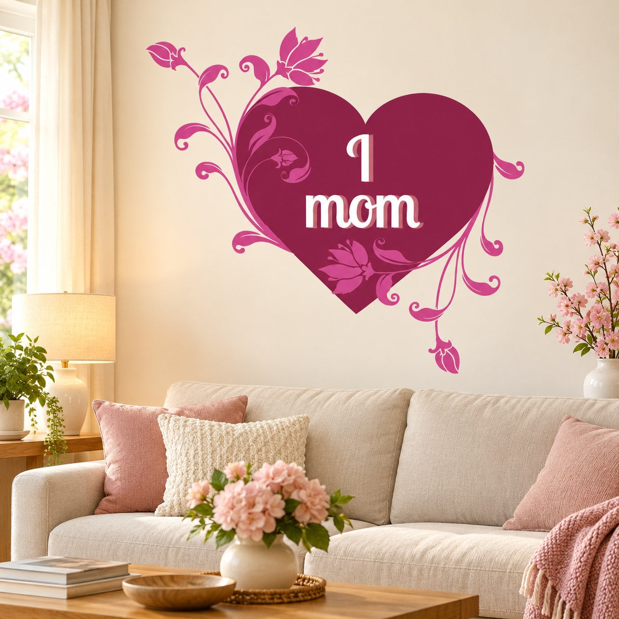 Floral vine heart wall decal with 'I mom' text in maroon and pink
