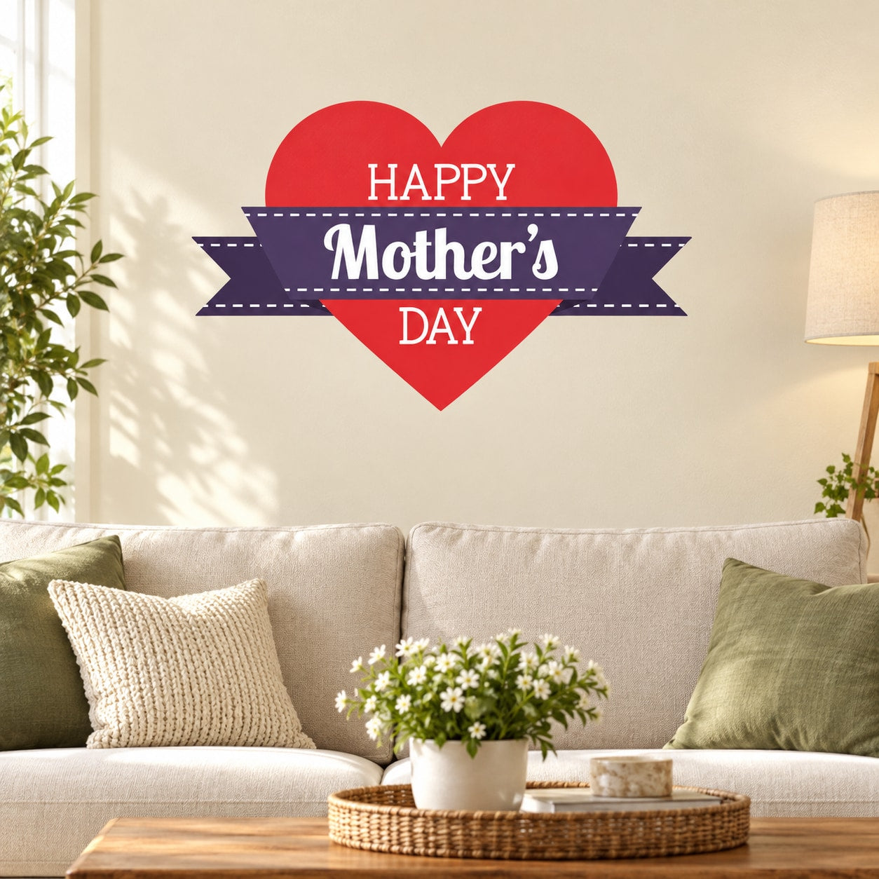 Red heart banner sticker with HAPPY Mother's DAY ribbon text