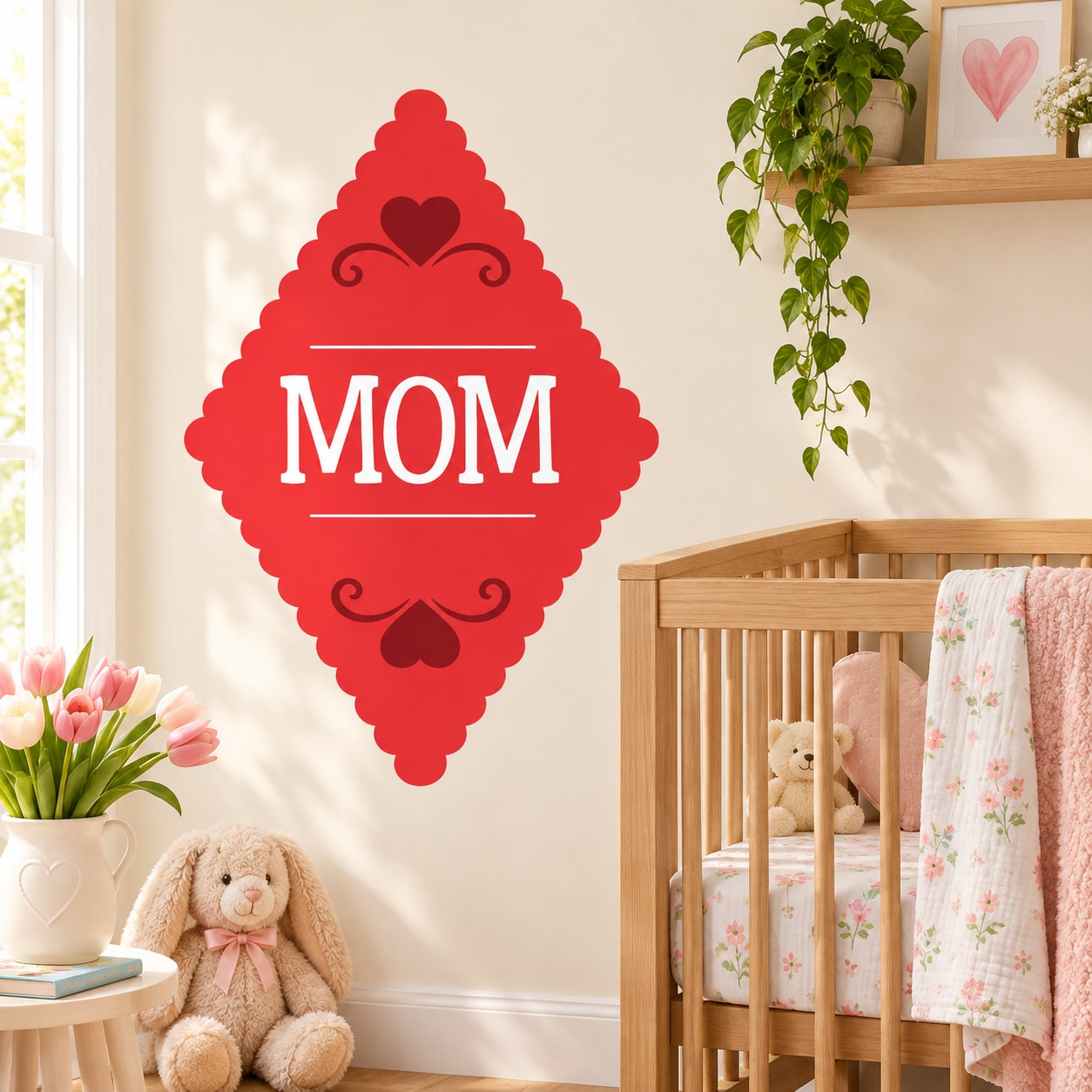 Red diamond-shaped “MOM” sticker with heart accents and white lettering