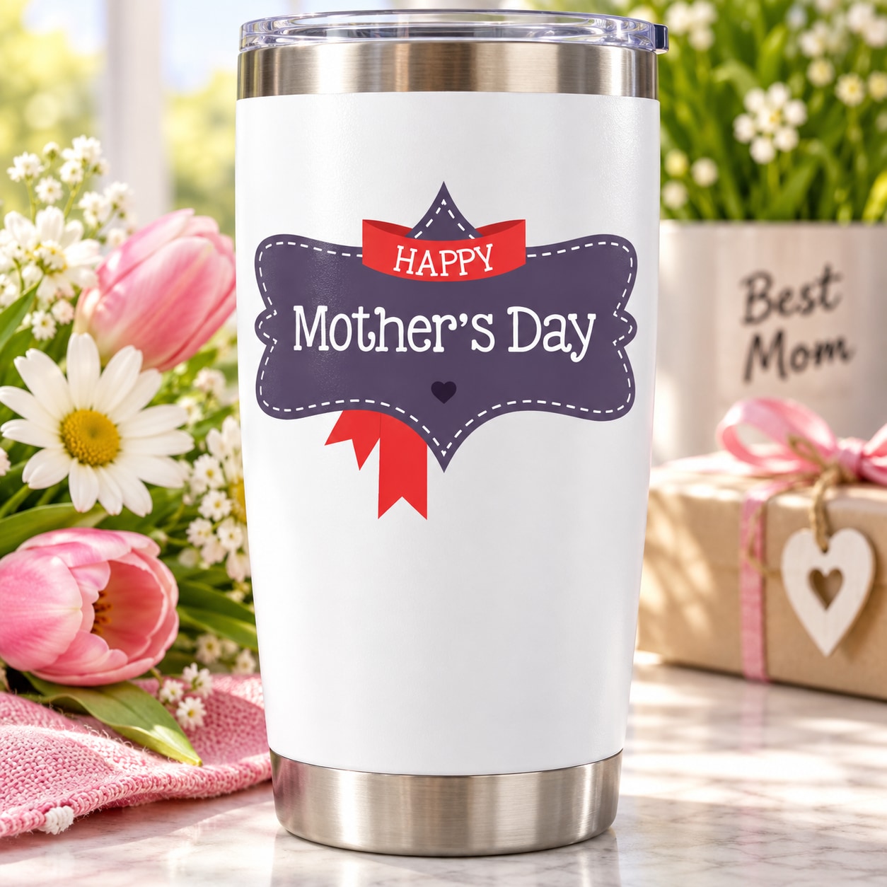 Happy Mother's Day banner sticker with ribbon badge text HAPPY and Mother's Day design