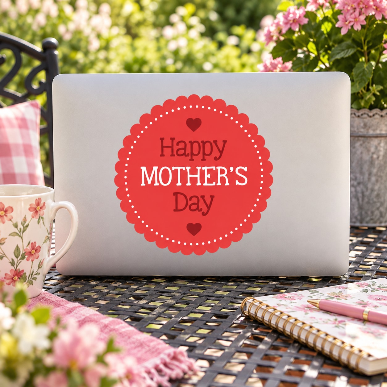 Rounded scallop Happy Mother's Day sticker, red badge with “Happy MOTHER'S DAY” text
