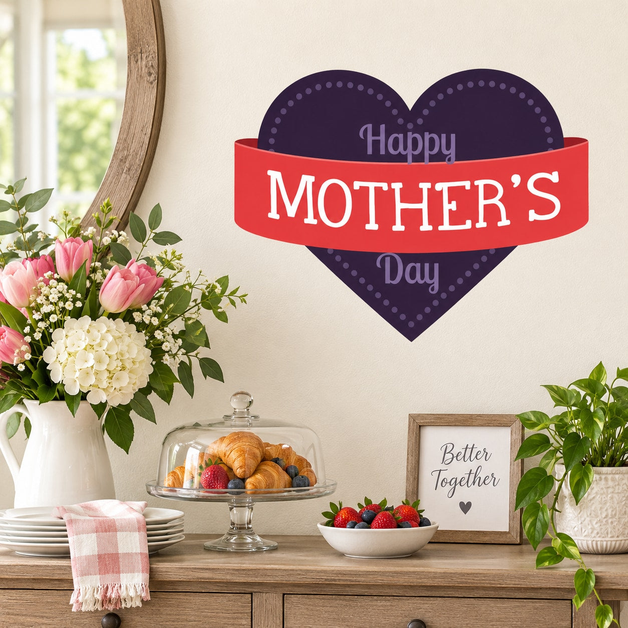Mother's Day heart banner sticker with red ribbon and purple heart, Happy text