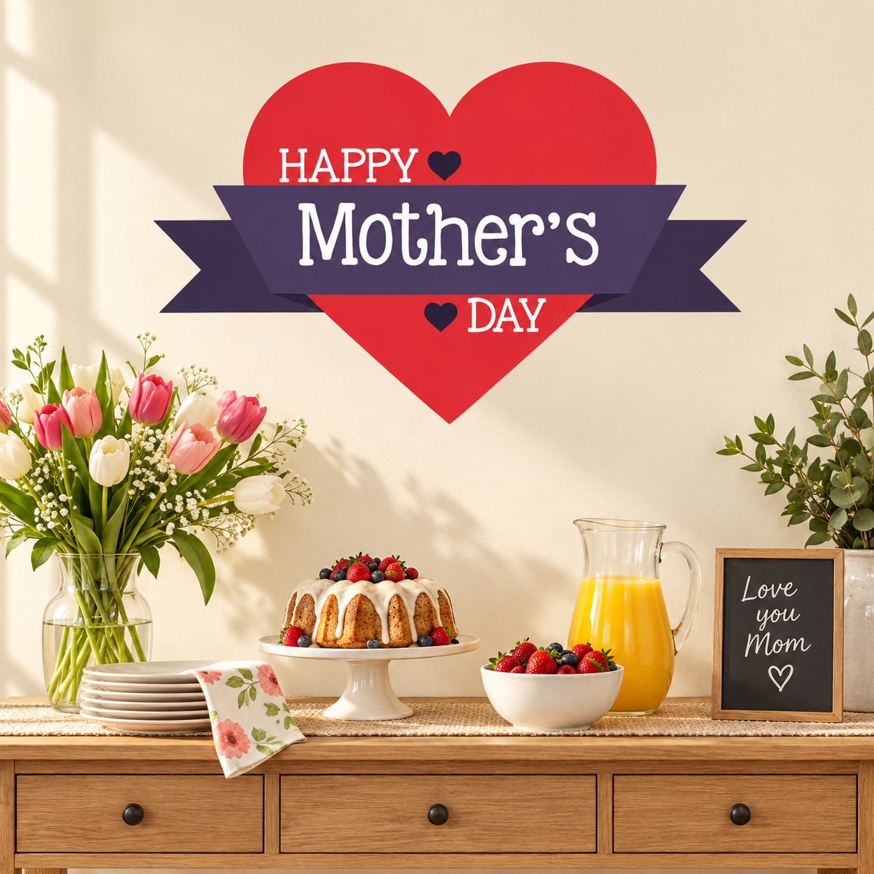 Mother's Day heart banner decal with Happy and Mothers Day text, red and purple
