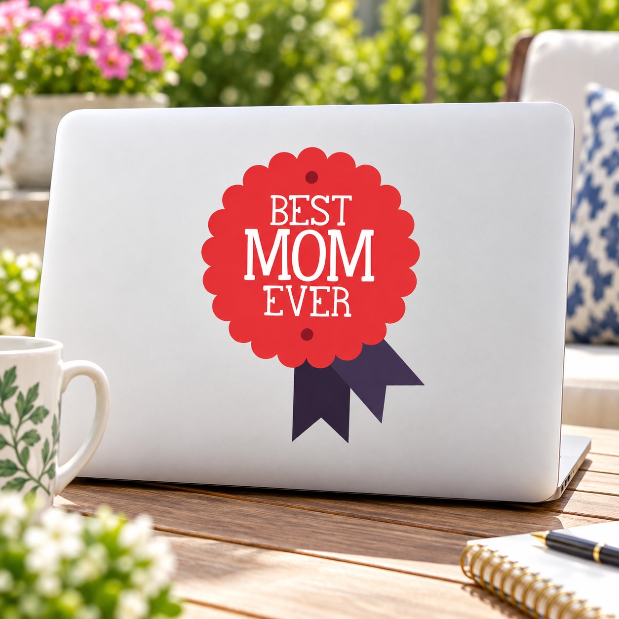 Best Mom Ever Ribbon Sticker — illustrative vinyl decal application mockup. Surrounding objects are not included.