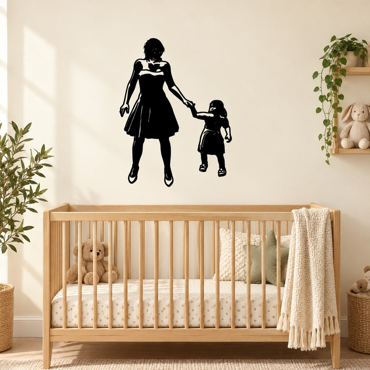 Mother and daughter walking holding hands wall decal silhouette