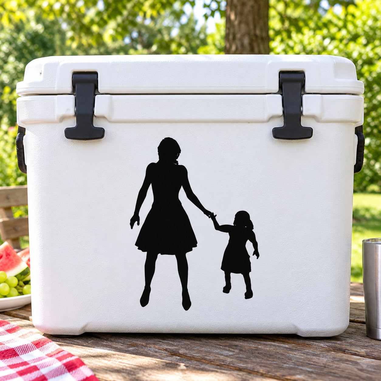 Mother and daughter holding-hands silhouette vinyl decal, black on light background