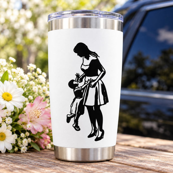 Stainless steel tumbler with black mother-daughter lifting decal on white panel