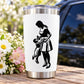 Stainless steel tumbler with black mother-daughter lifting decal on white panel