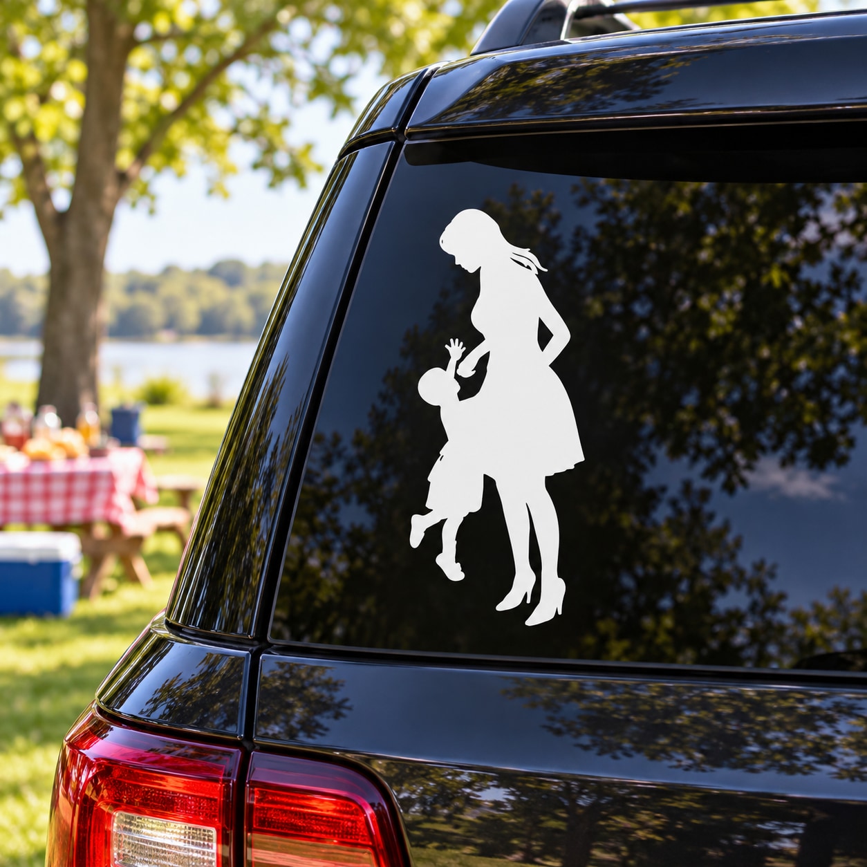 White silhouette car decal of a mom lifting a child, full-body design.