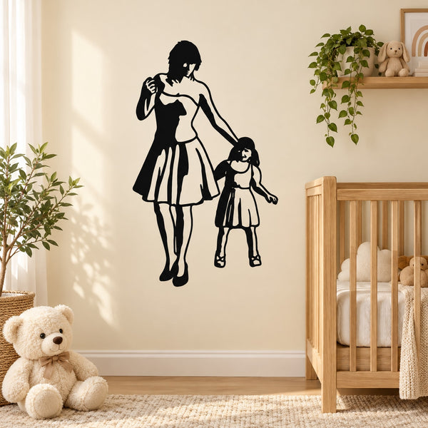 Mothers Day wall decal of a mother walking with her daughter, black vinyl silhouettes