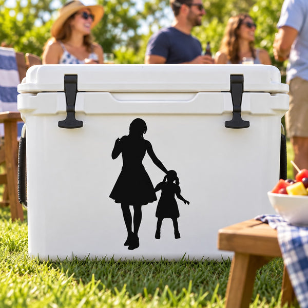 Cooler decal sticker with black silhouette of a mother walking with her daughter