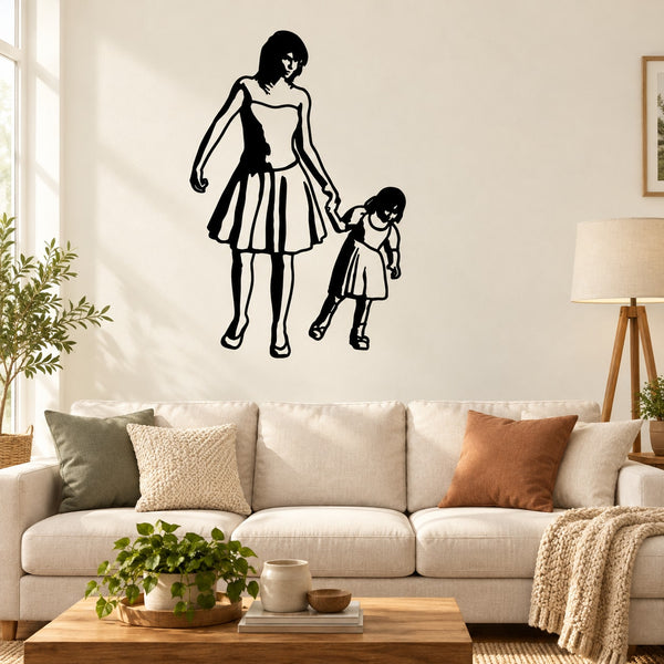 Mother-daughter holding-hands wall decal, strolling figures in black