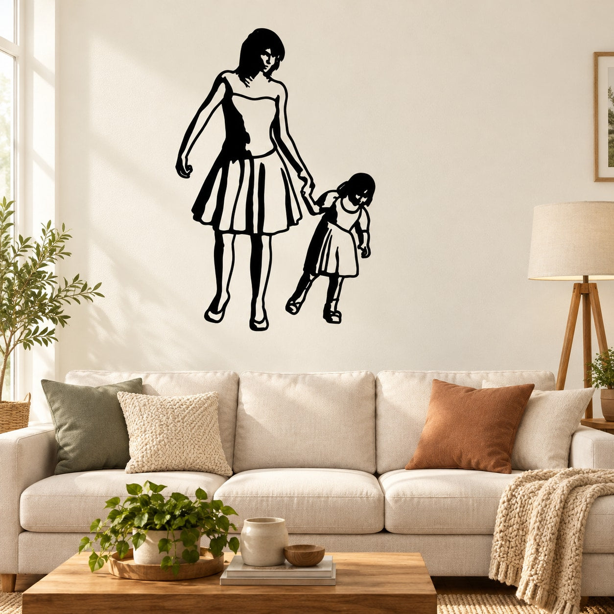 Mother-daughter holding-hands wall decal, strolling figures in black