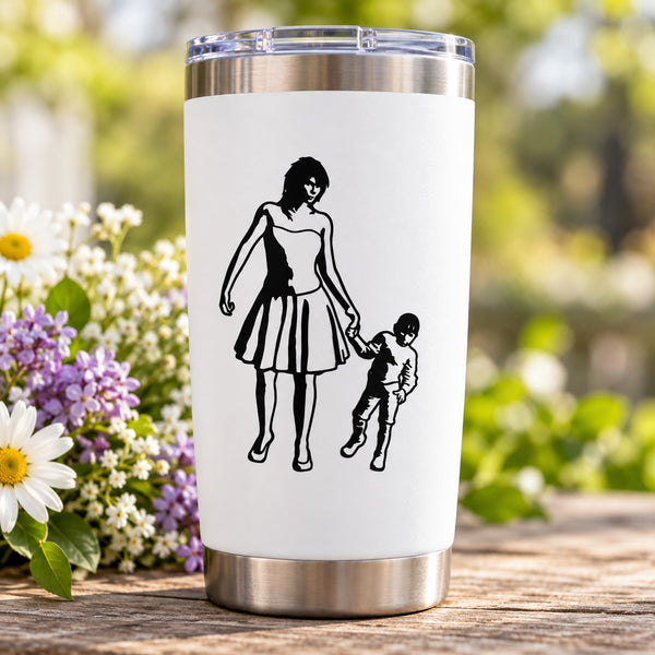 Mother and son Mothers Day decal with black silhouette figures on tumbler