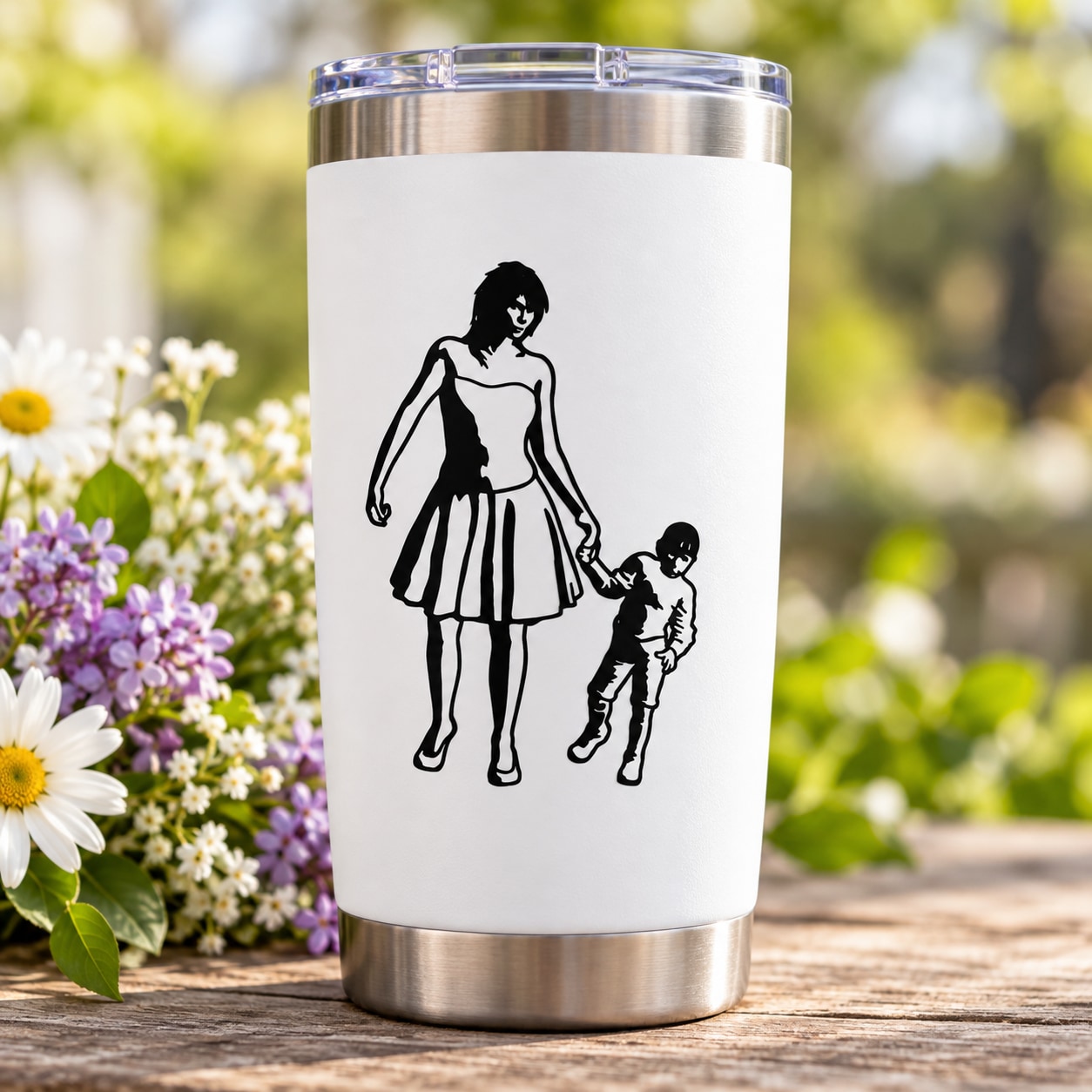 Mother and son Mothers Day decal with black silhouette figures on tumbler