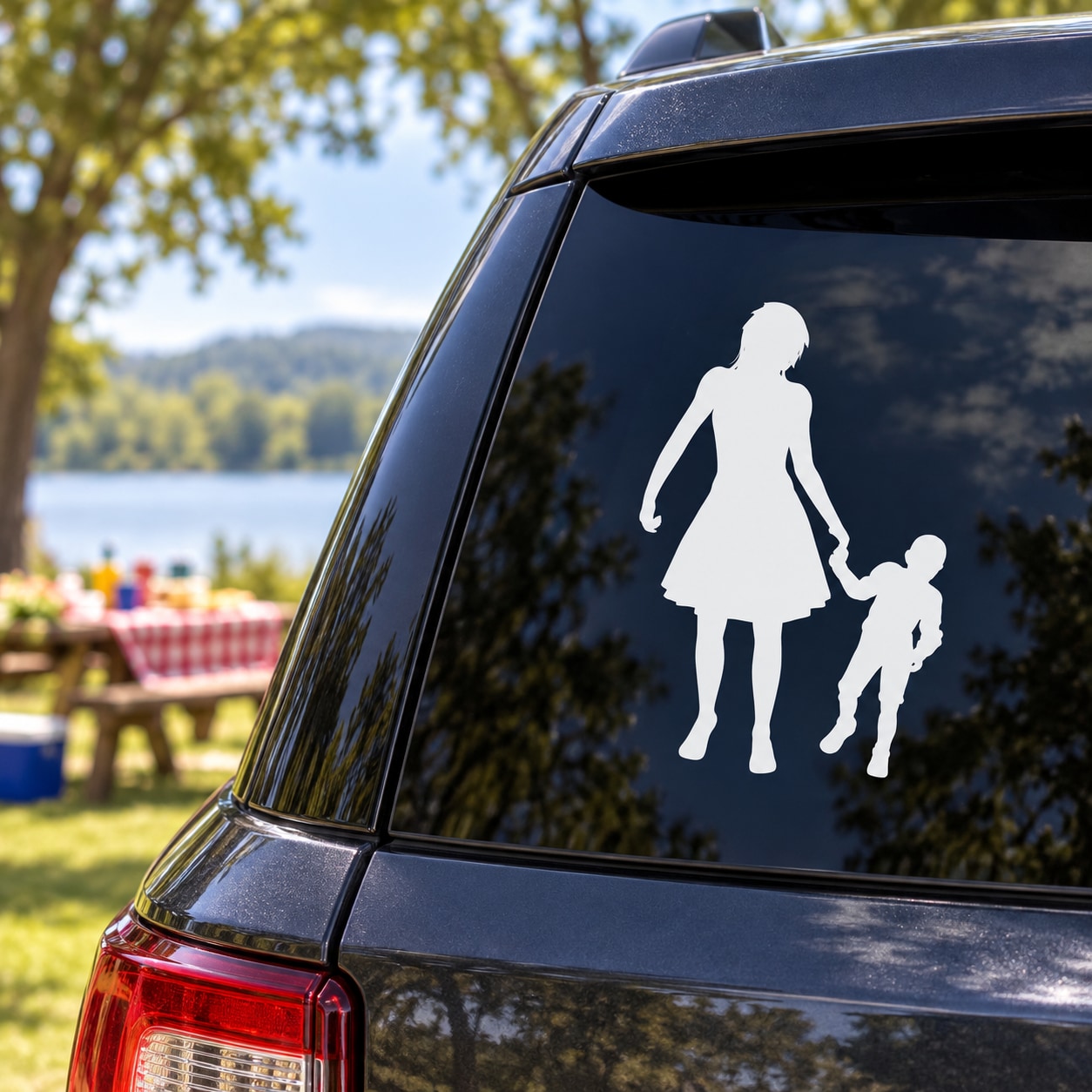 Mother and son strolling silhouette decal on car window, white design
