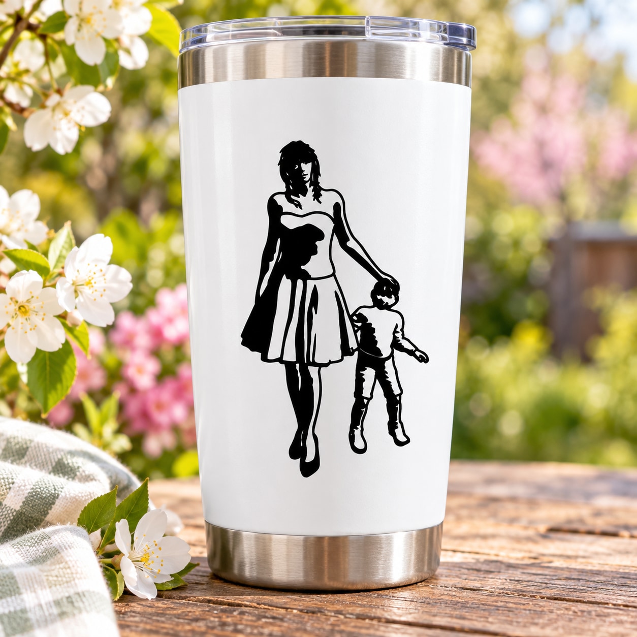 Stainless steel insulated tumbler with black mother and son patting decal