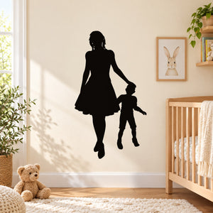Mother and son silhouette wall decal, black figure holding child’s hand