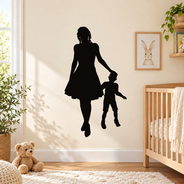 Mother and son silhouette wall decal, black figure holding child’s hand