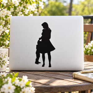 Mom and son hugging silhouette decal, black design on light background