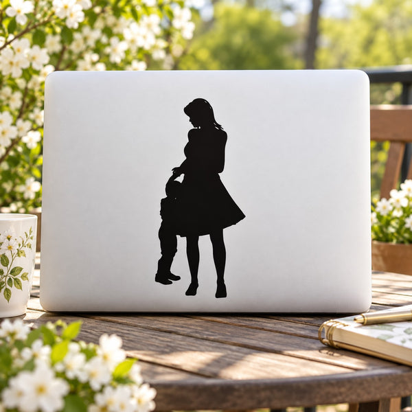 Mom and son hugging silhouette decal, black design on light background