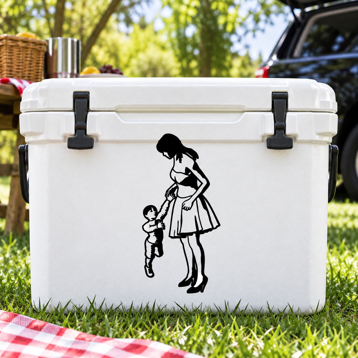 Mother and child silhouette vinyl decal, dark figures on light background