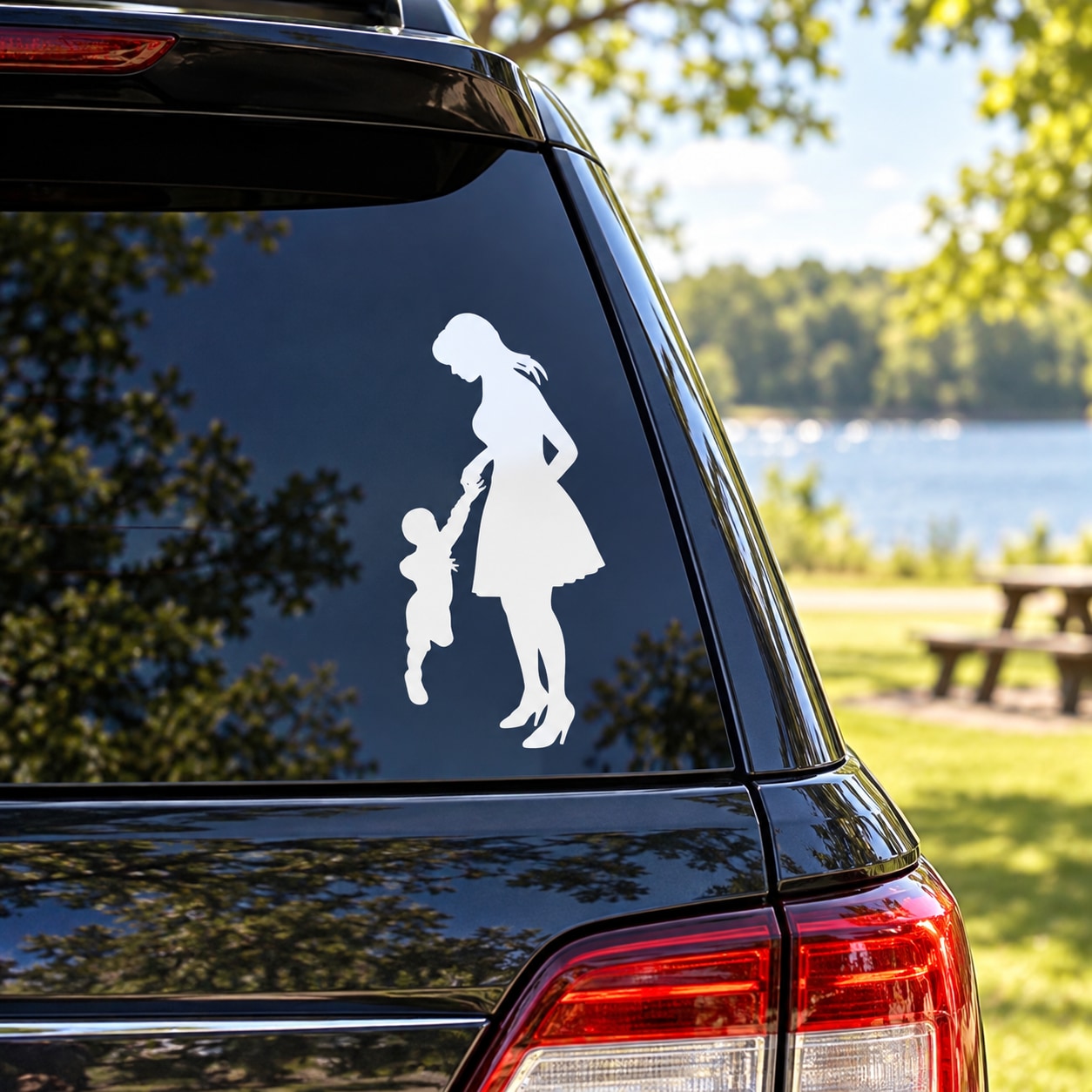 Mother's Day car window decal: white mom and son holding hands silhouette