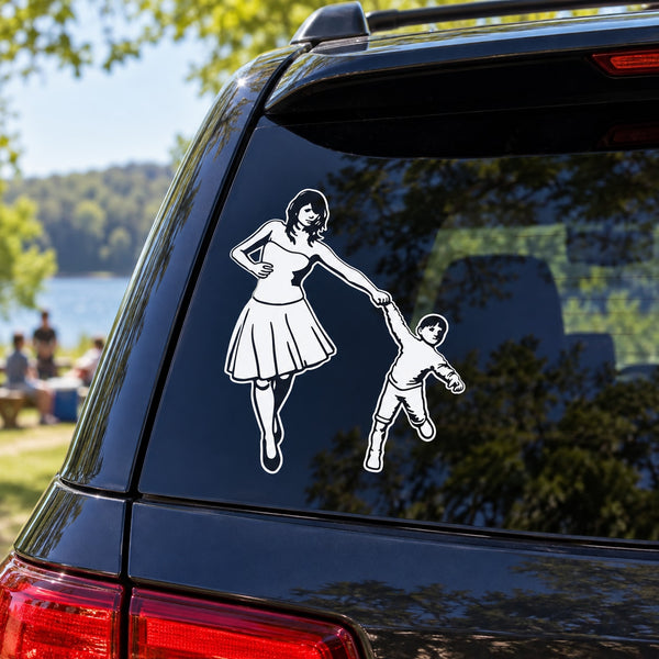 Car window decal of mother and son holding hands, white silhouette on dark panel