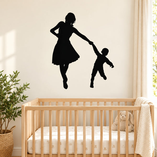 Mom and child play wall decal with black silhouettes of a woman and child