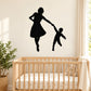 Mom and child play wall decal with black silhouettes of a woman and child