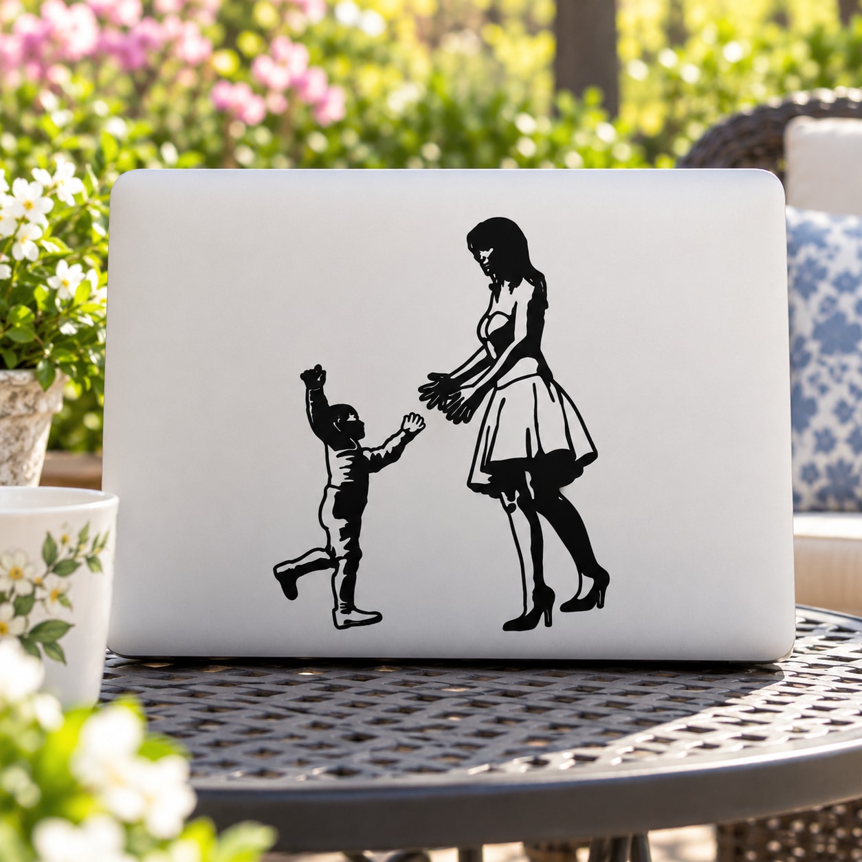 Black mom and child welcome silhouette decal