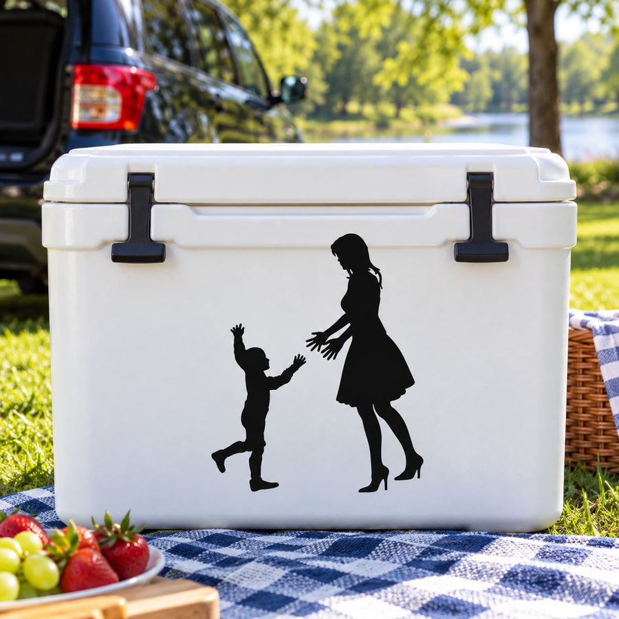 Mom And Son Mothers Day Welcoming Decal — illustrative vinyl decal application mockup. Surrounding objects are not included.
