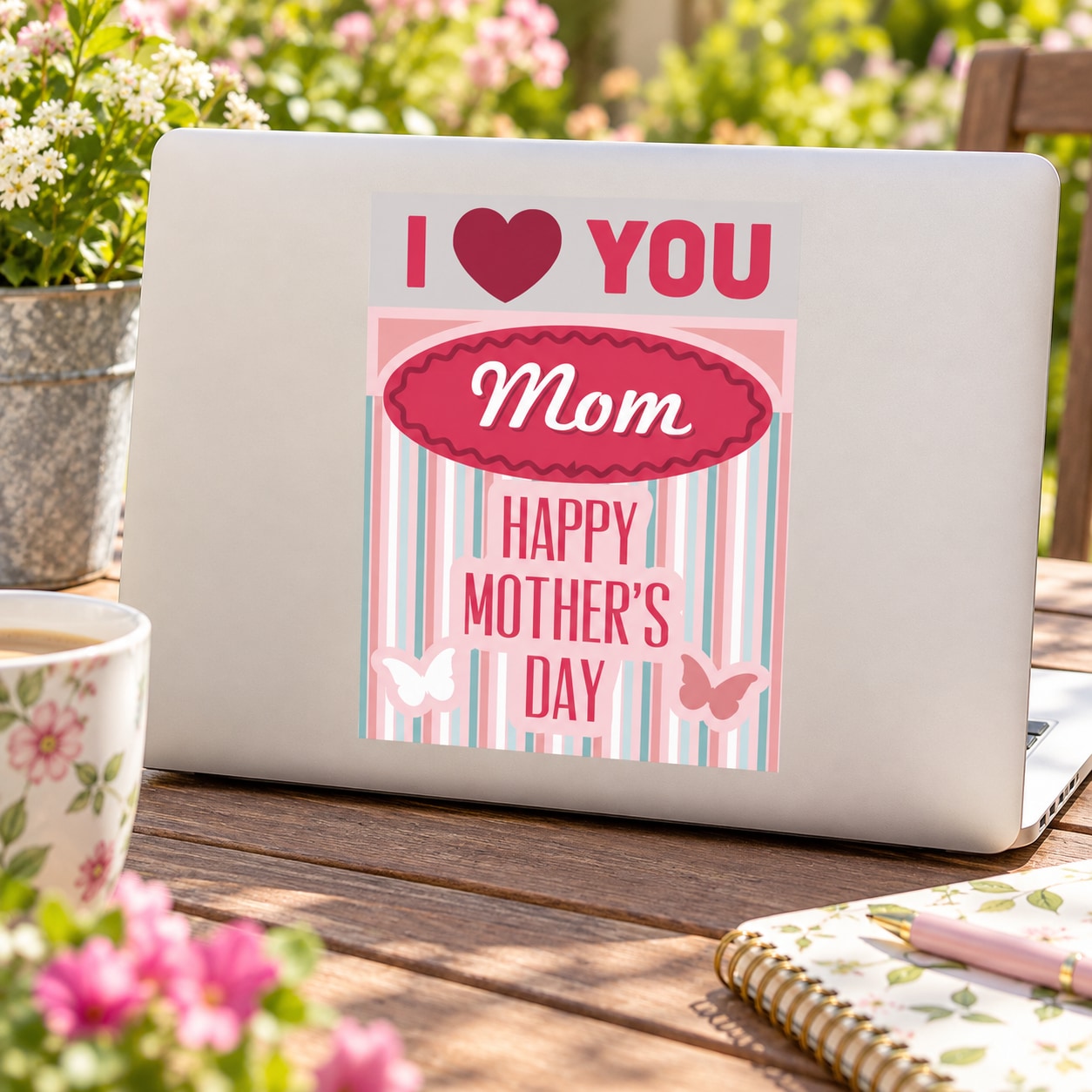 Mother's Day sticker featuring pink heart I ♥ YOU and Mom with striped Happy Mother's Day