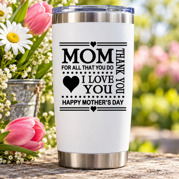 Mom typography decal with hearts and 'I love you' text for tumbler