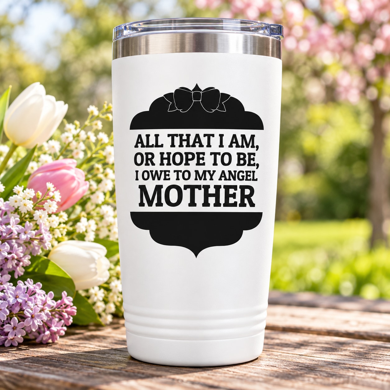 Mother's Day quote decal with black angel silhouette and text on tumbler