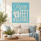 Teal square decal with white 'Bare Feet Welcome' lettering and flip-flop icons