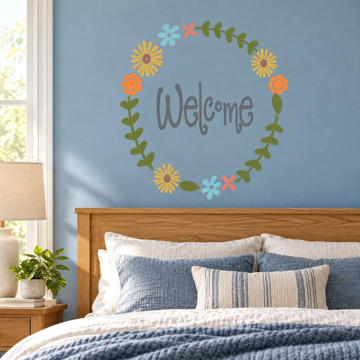 Welcome flower circle printed die-cut decal with colorful floral wreath design